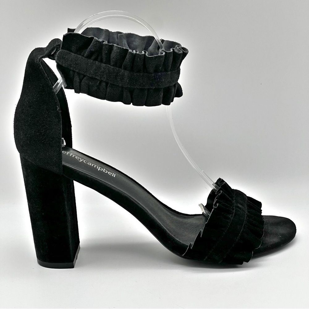 Jeffrey Campbell Lindsay Black Suede Ruffle Open Toe Ankle Strap Block Heels 8.5
